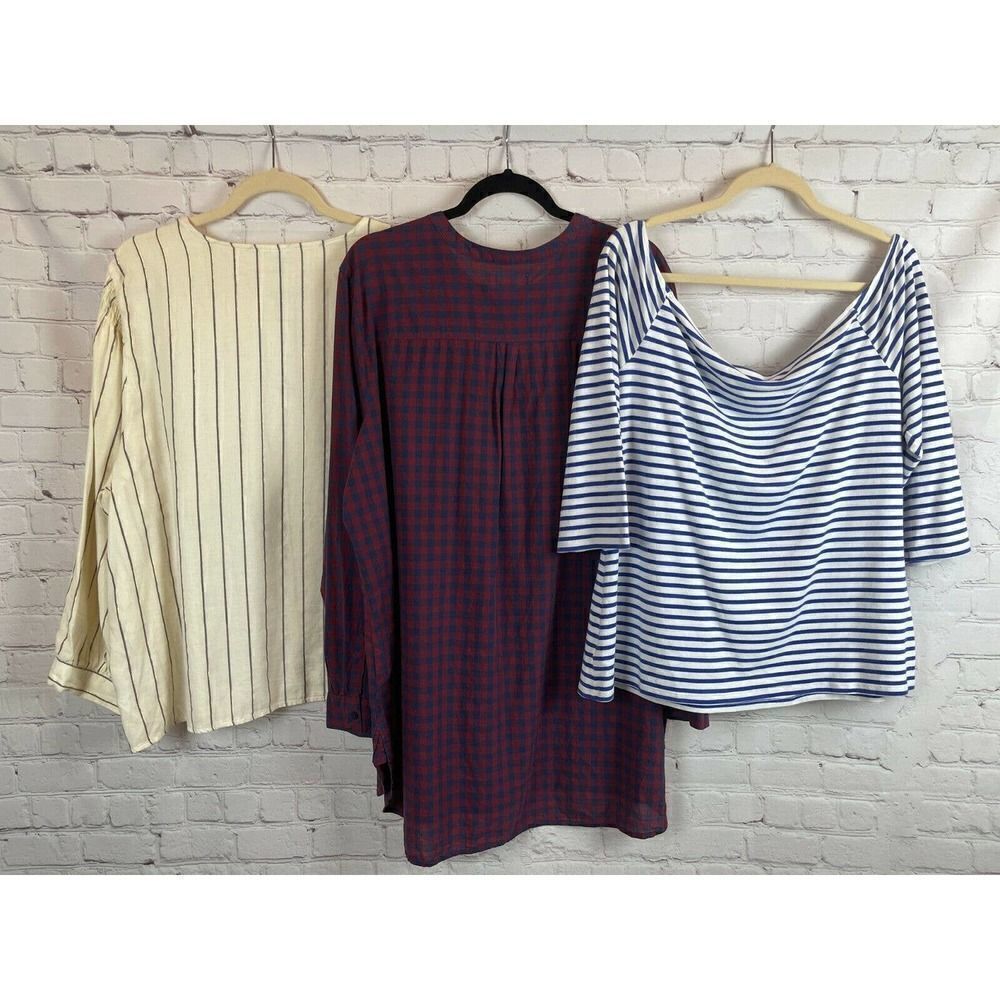 OLD NAVY set of 3 cream red blue check striped top tunic shirt long sleeve XXL - Picture 4 of 10